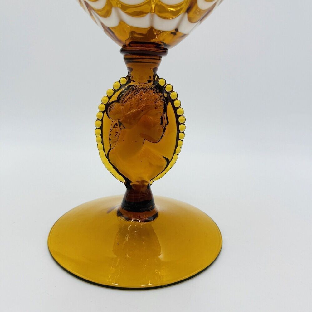 MCM Italy LAVORAZIONE EMPOLI Draped Amber cameo Art Glass Vase Compote Lidded - Picture 5 of 15